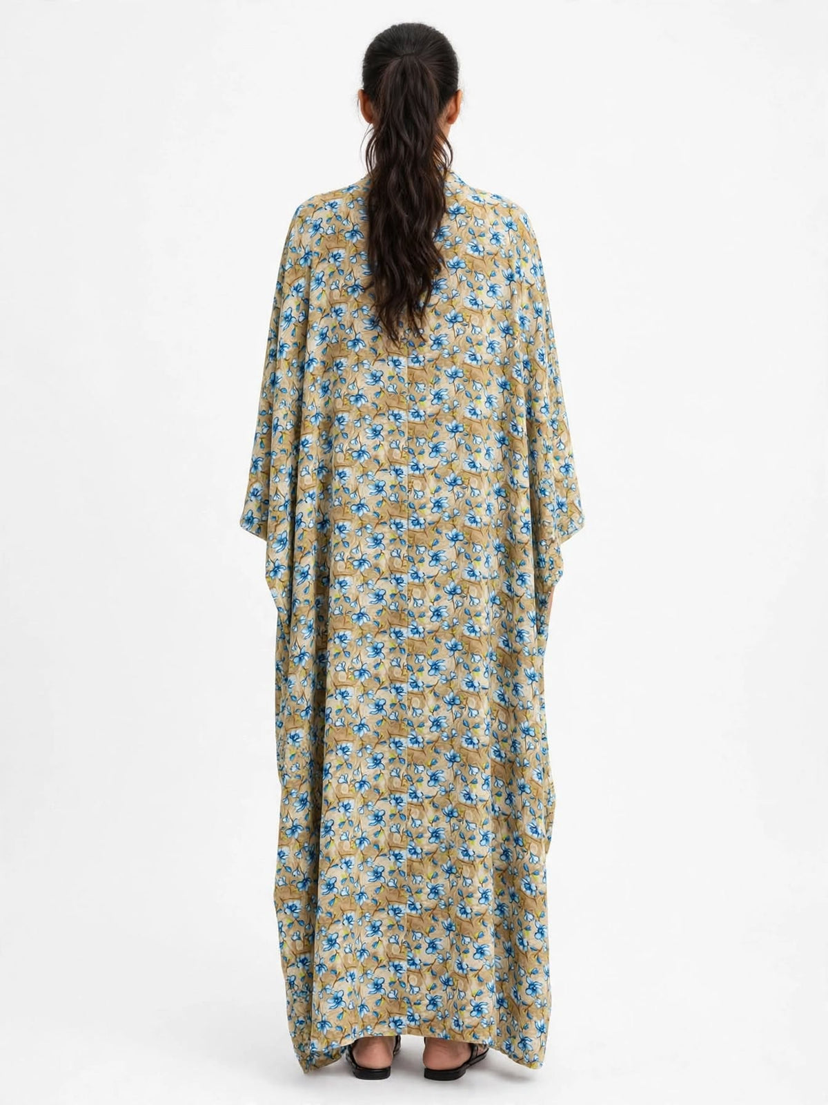 Beige & Blue Floral Printed Kaftan Abaya