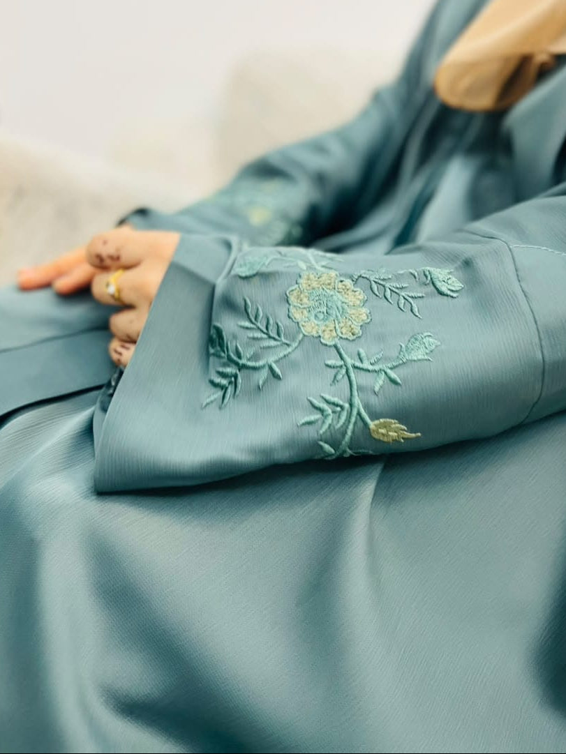 Teal Blue Embroidered Sleeve Abaya with Floral Work