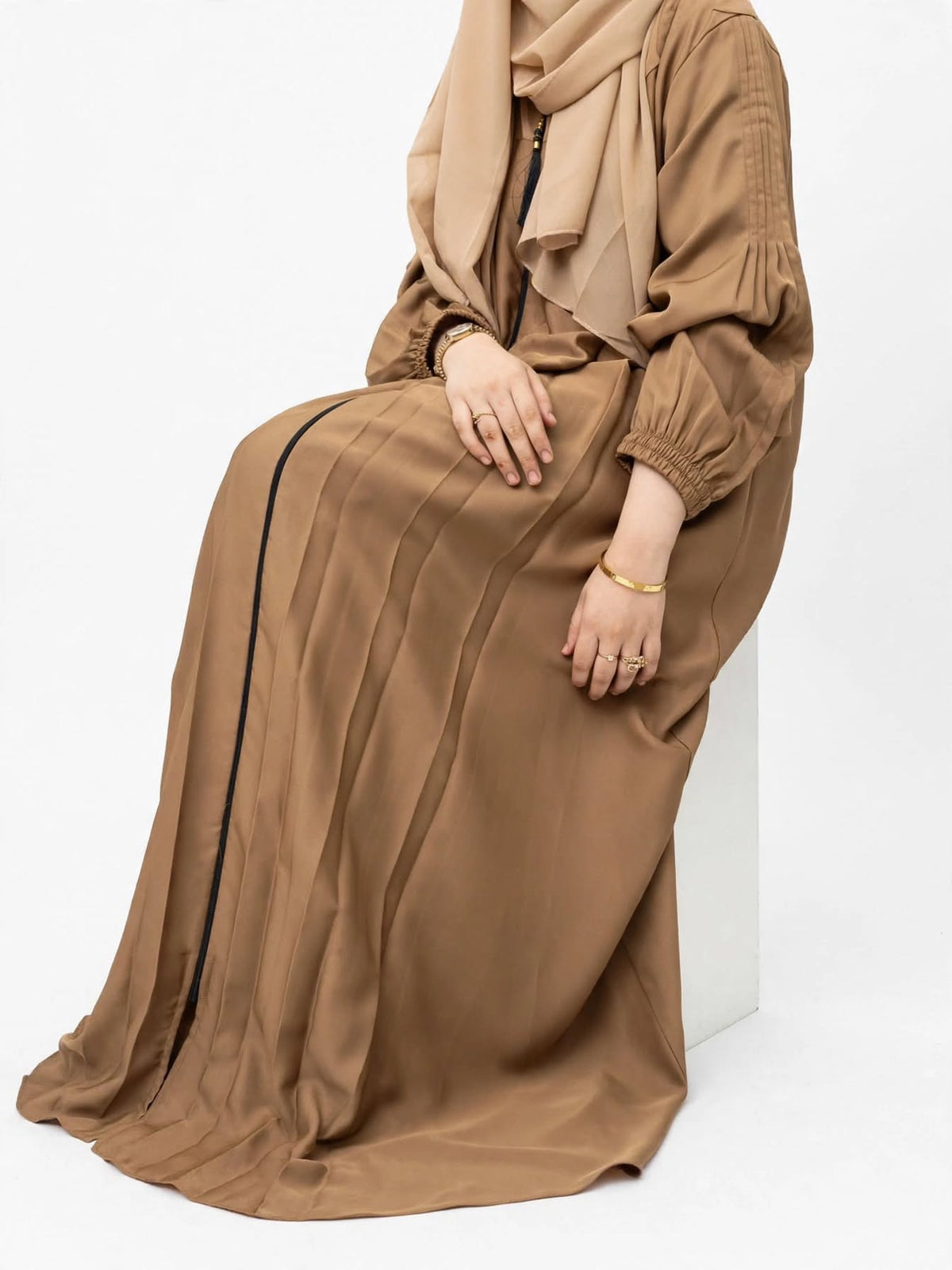Coffee Brown Pleated Sleeve Abaya