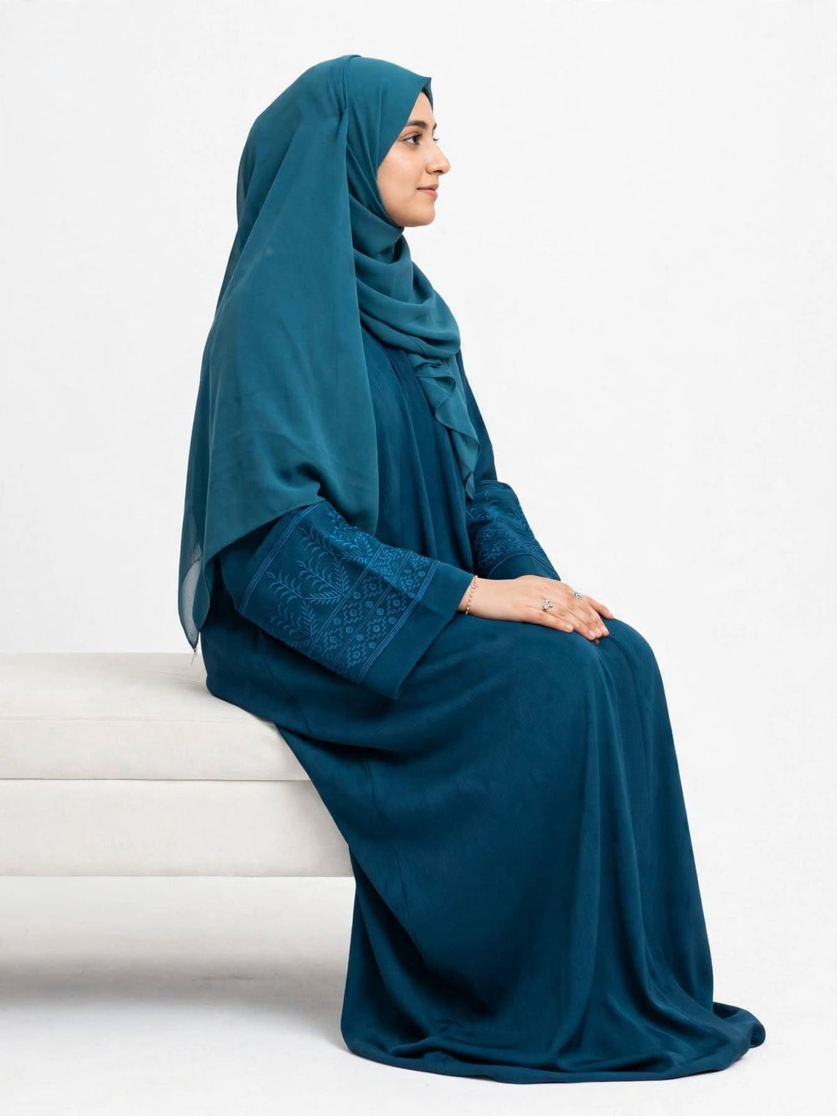 Teal Blue Heavy Embroidered Sleeve Abaya