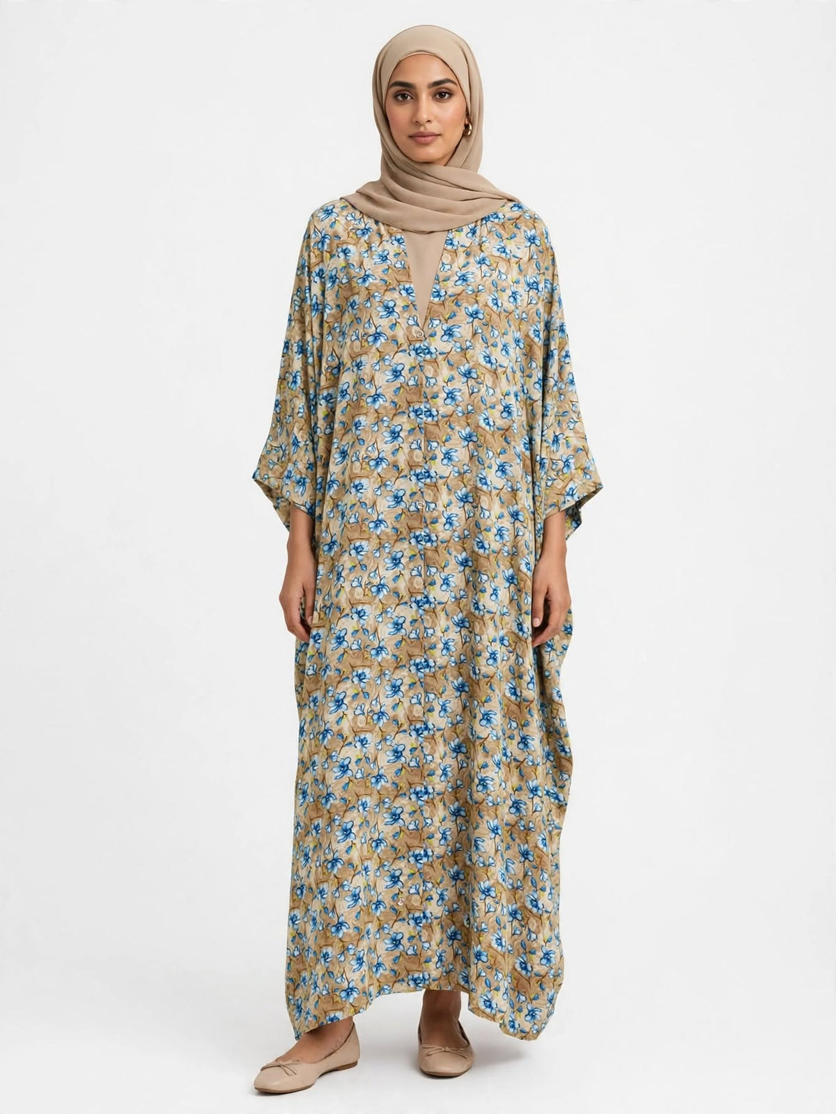 Beige & Blue Floral Printed Kaftan Abaya