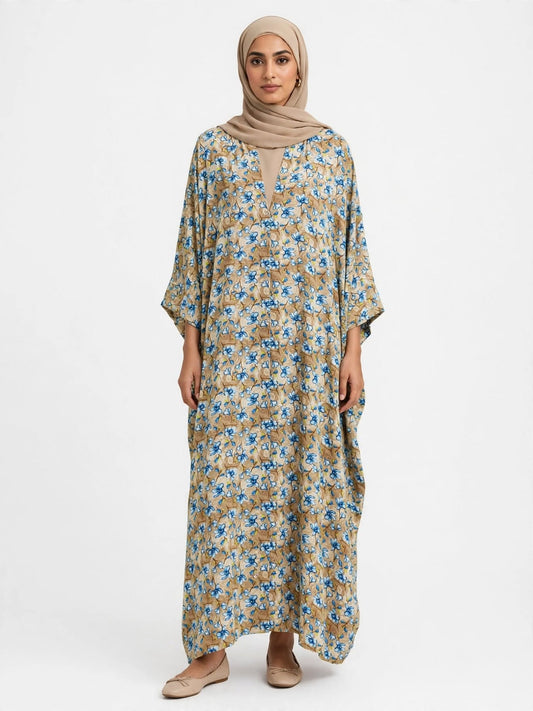 Beige & Blue Floral Printed Kaftan Abaya