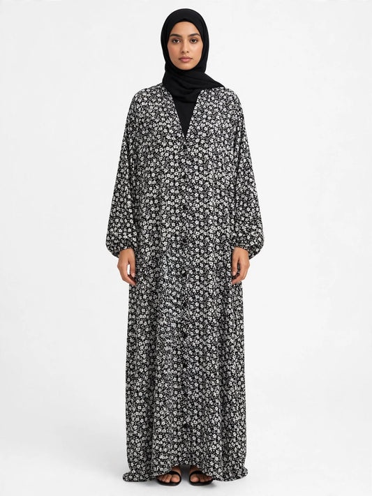 Black & White Small Flower Printed Abaya