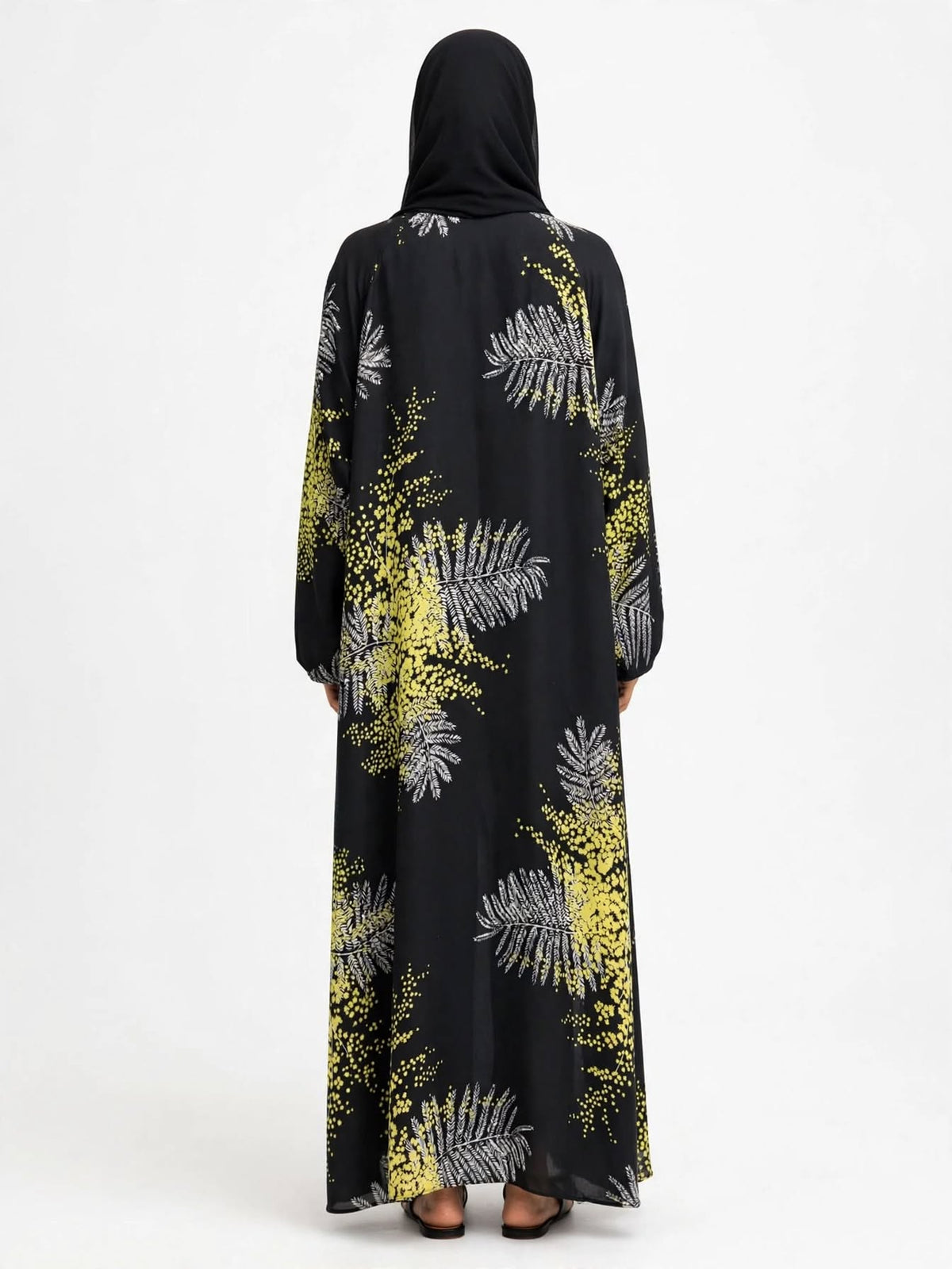Black Yellow White Fern Printed Abaya