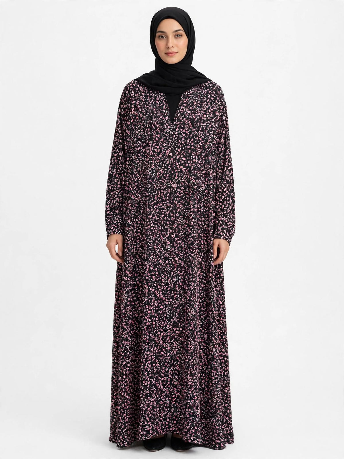 Black Pink Ditsy Floral Kaftan Abaya