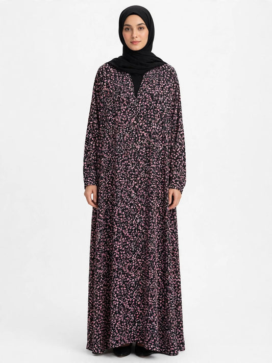 Black Pink Ditsy Floral Kaftan Abaya