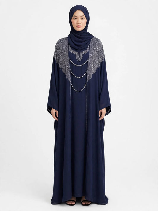 Navy Blue Heavy Stone Kaftan Abaya