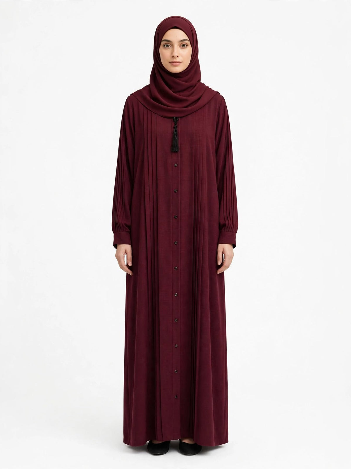 Burgundy Pleated Front Open Abaya