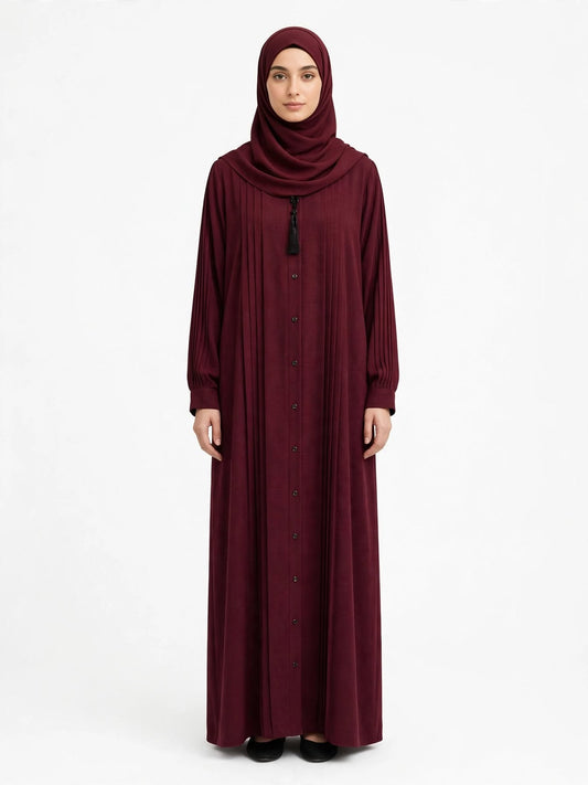 Burgundy Pleated Front Open Abaya