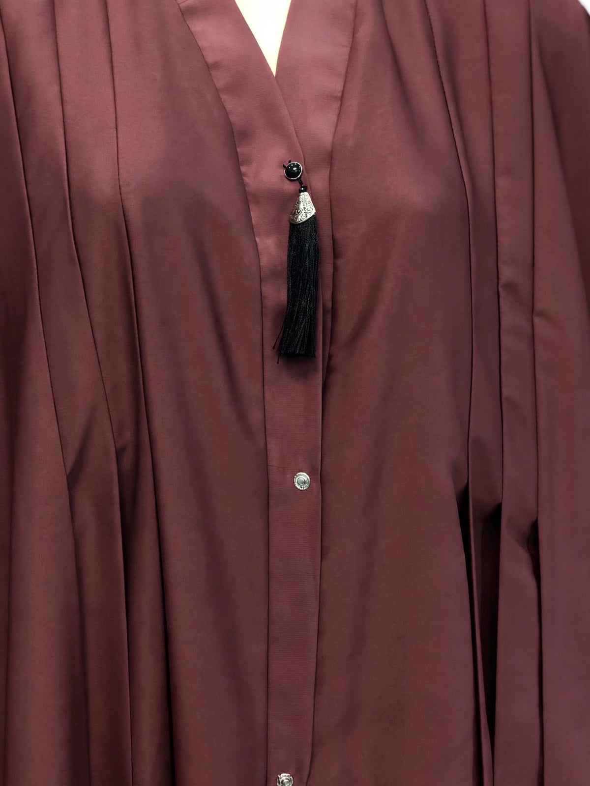 Burgundy Pleated Front Open Abaya