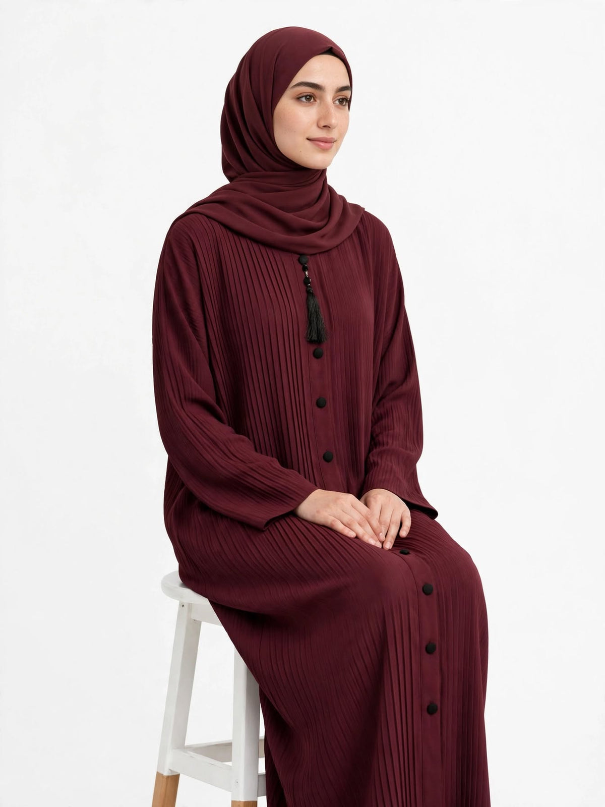 Burgundy Pleated Front Open Abaya