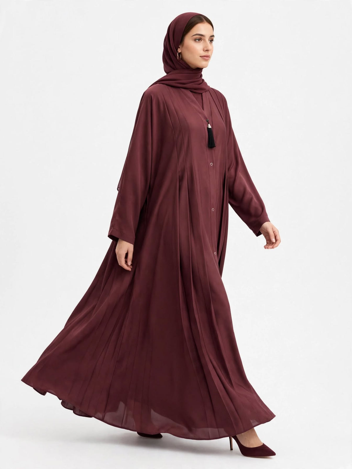 Burgundy Pleated Front Open Abaya