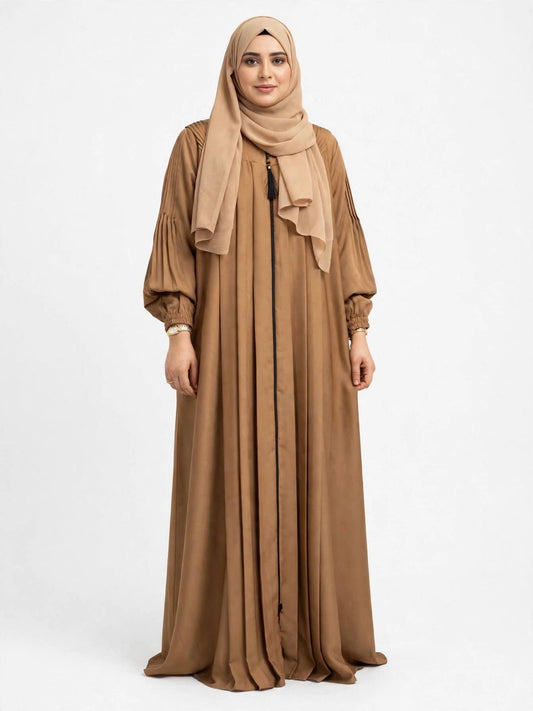 Coffee Brown Pleated Sleeve Abaya