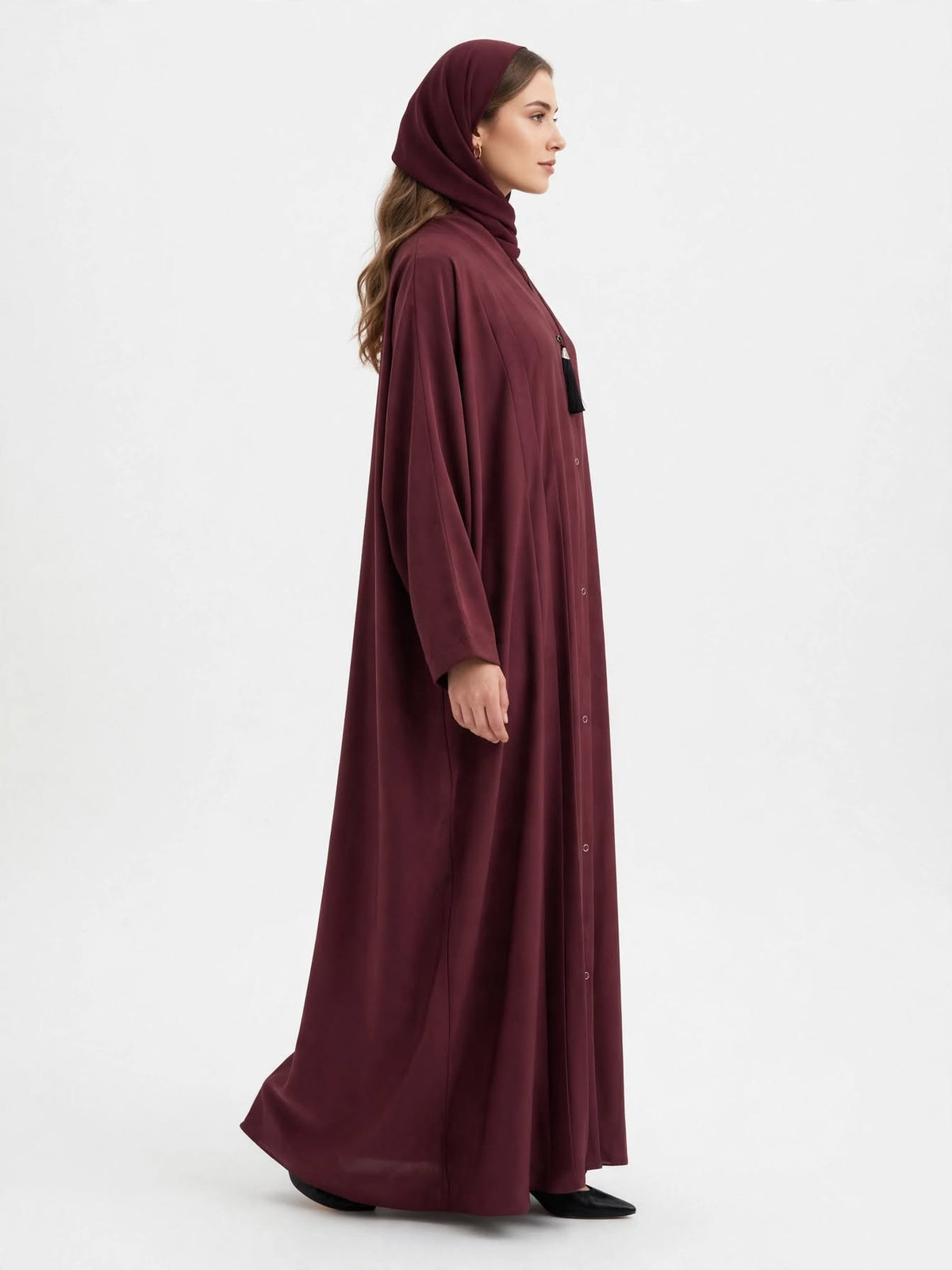 Burgundy Pleated Front Open Abaya