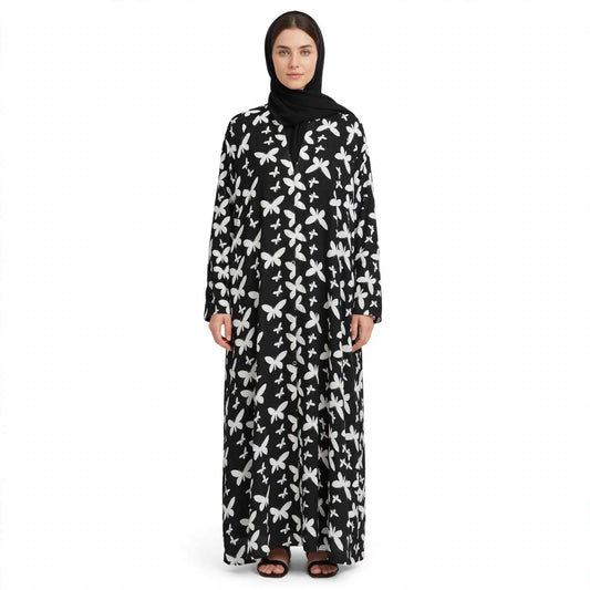 Black & White Butterfly Printed Abaya