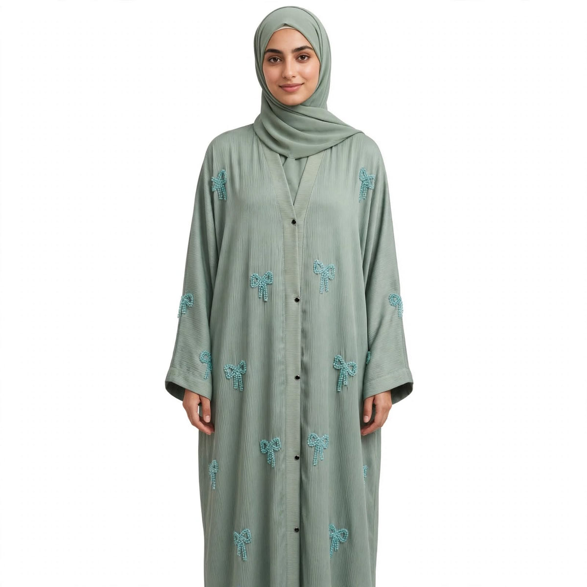 Sage Green Bow Beaded Abaya