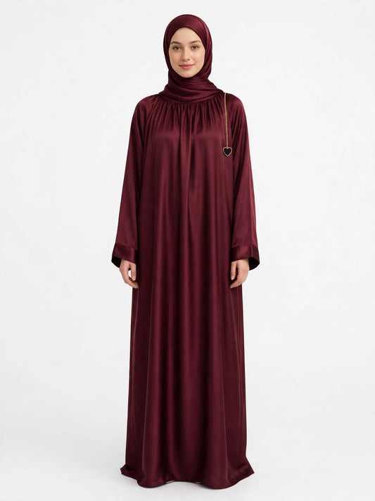 Maroon Satin Front-Closed Abaya
