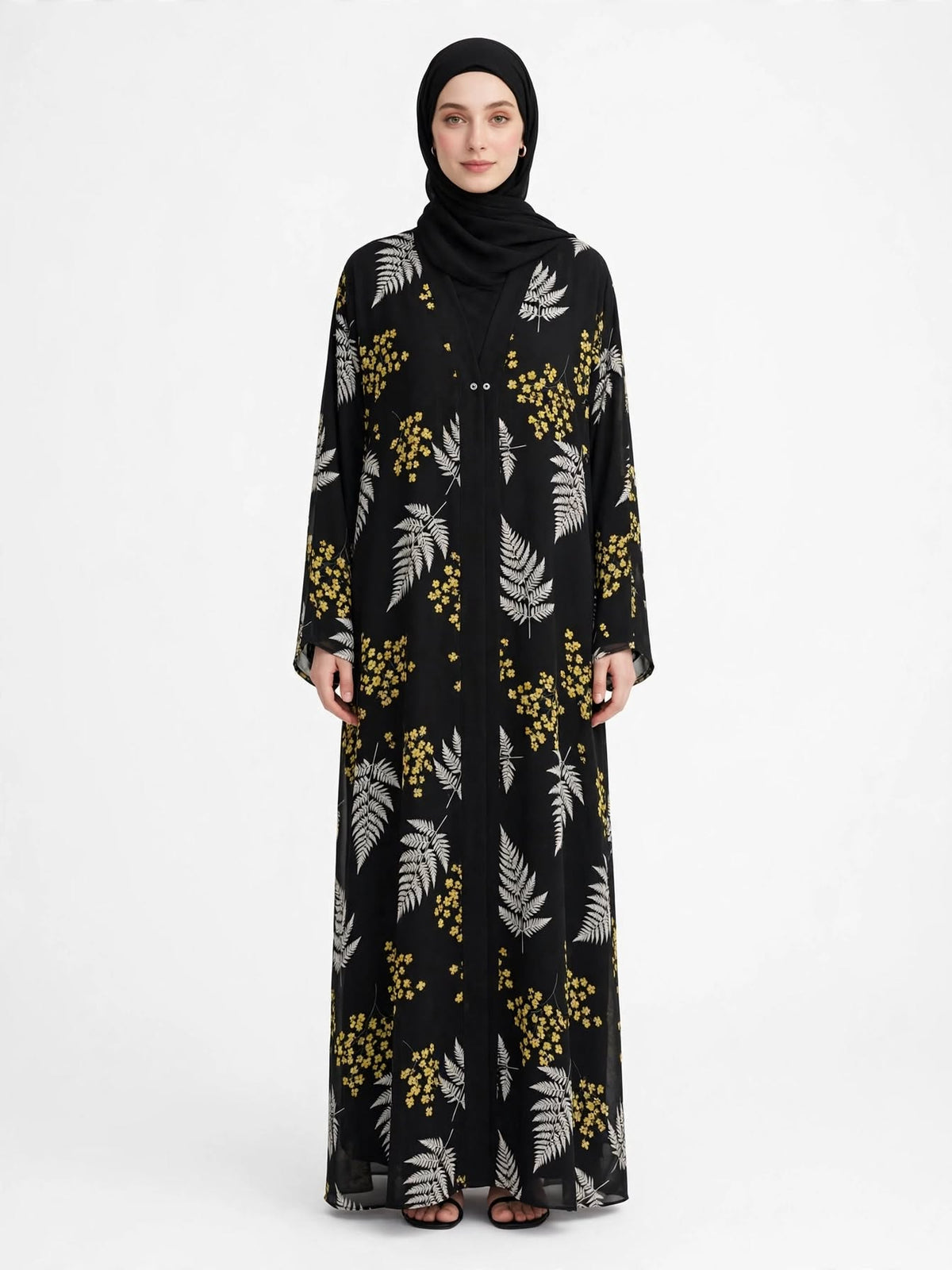 Black Yellow White Fern Printed Abaya