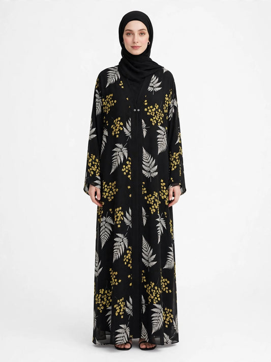 Black Yellow White Fern Printed Abaya