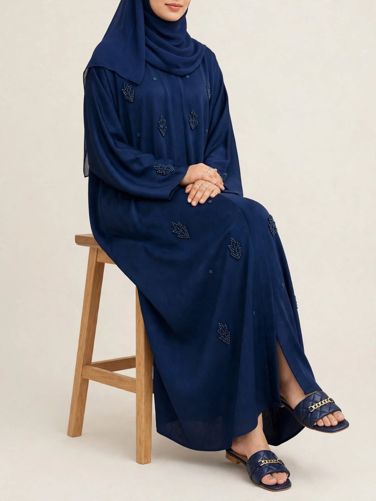Royal Blue Leaf Embroidered Abaya