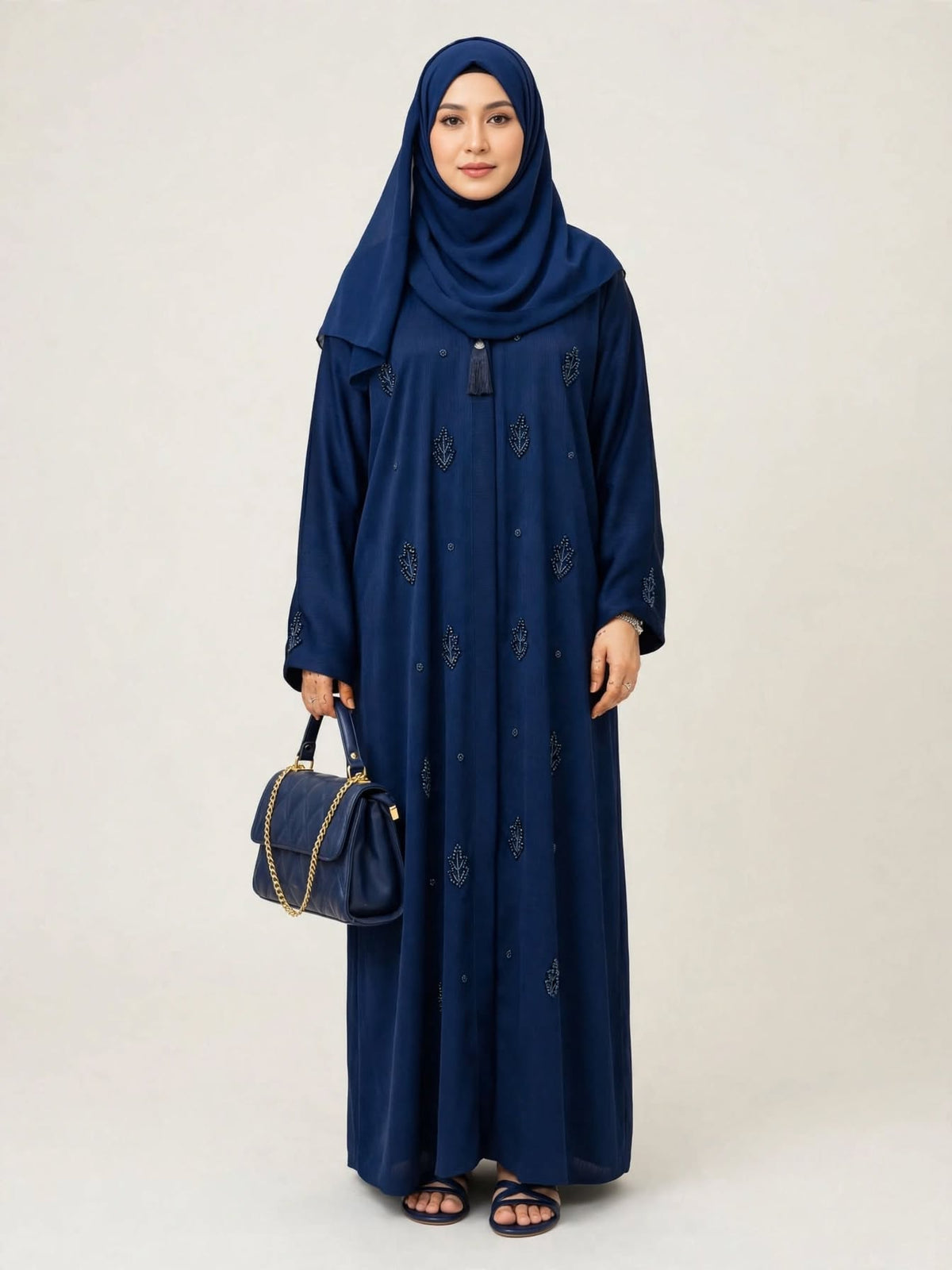 Royal Blue Leaf Embroidered Abaya