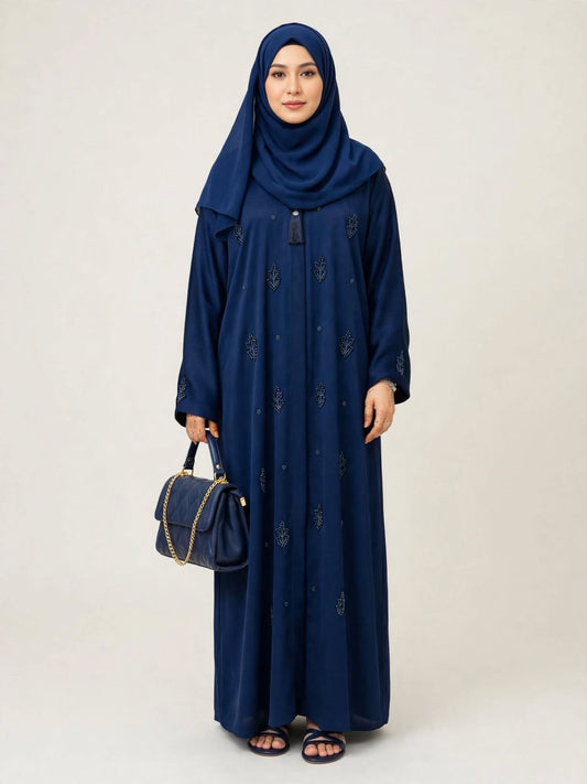 Royal Blue Leaf Embroidered Abaya