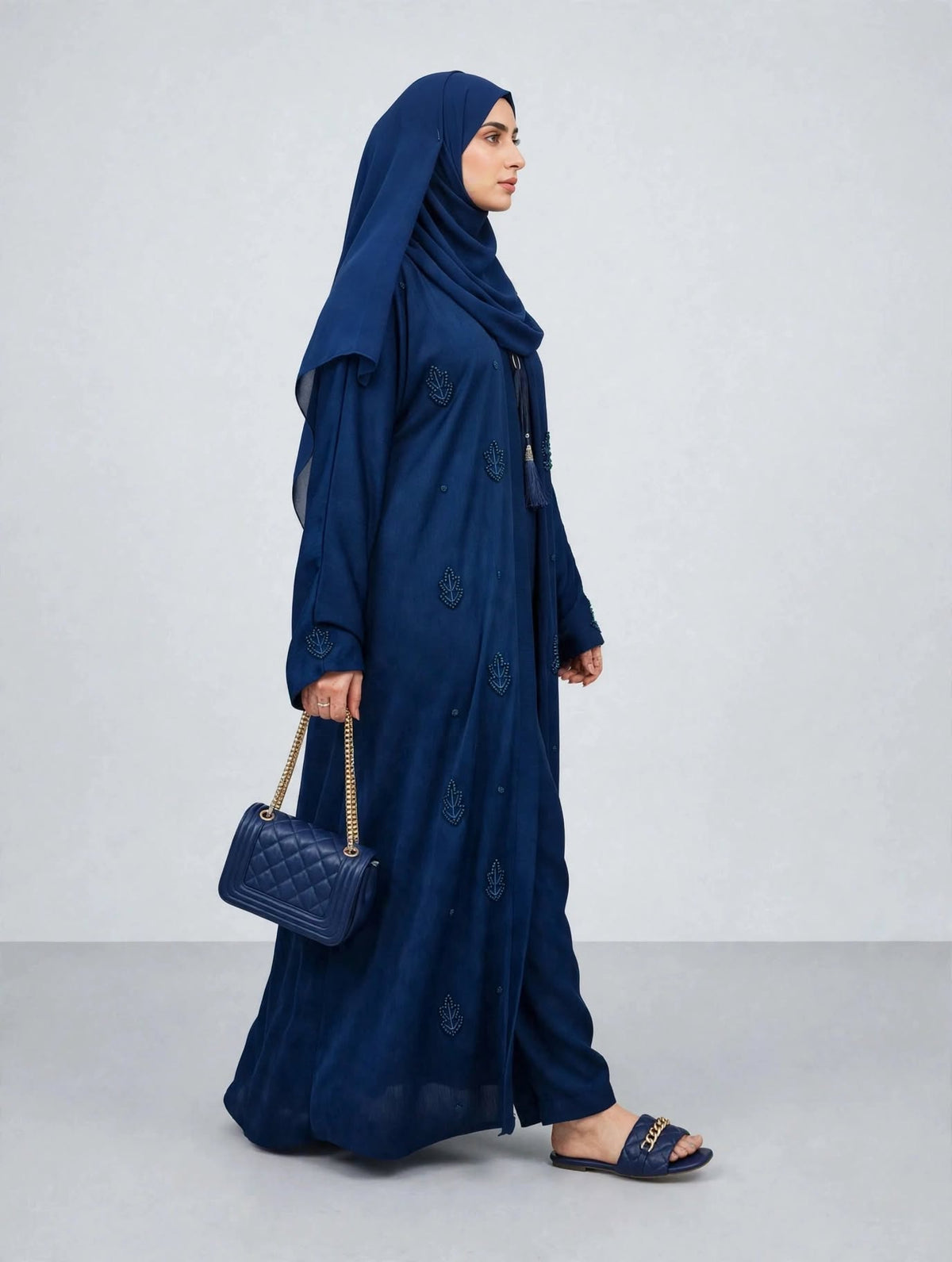 Royal Blue Leaf Embroidered Abaya