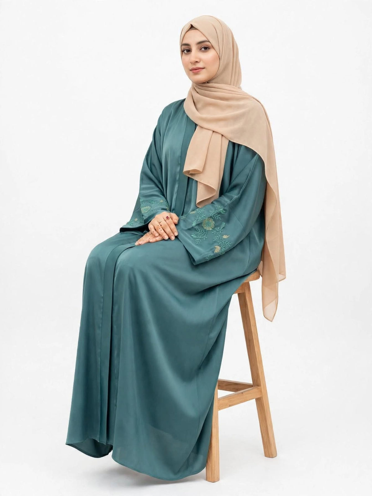 Teal Blue Embroidered Sleeve Abaya with Floral Work