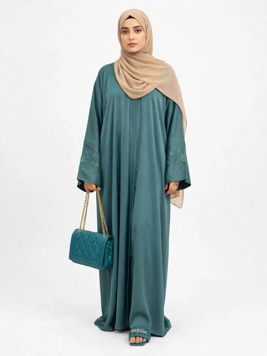 Teal Blue Embroidered Sleeve Abaya with Floral Work