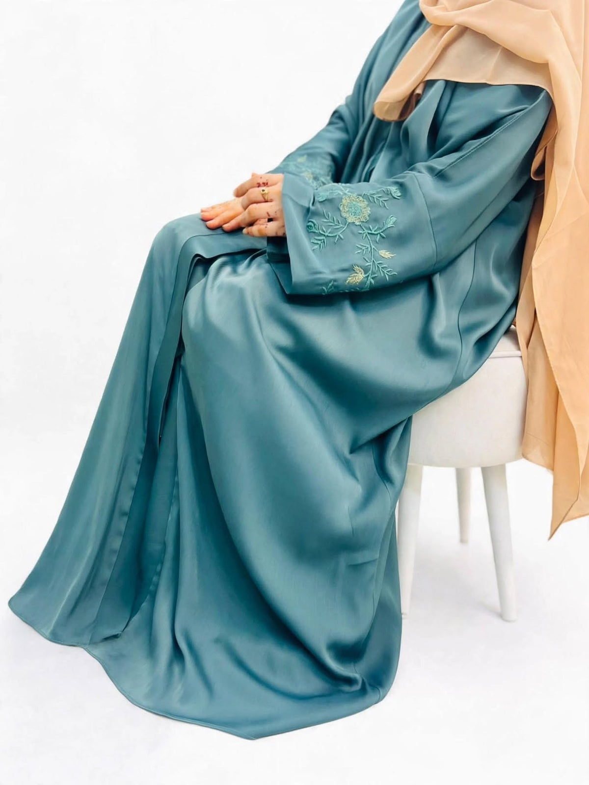 Teal Blue Embroidered Sleeve Abaya with Floral Work