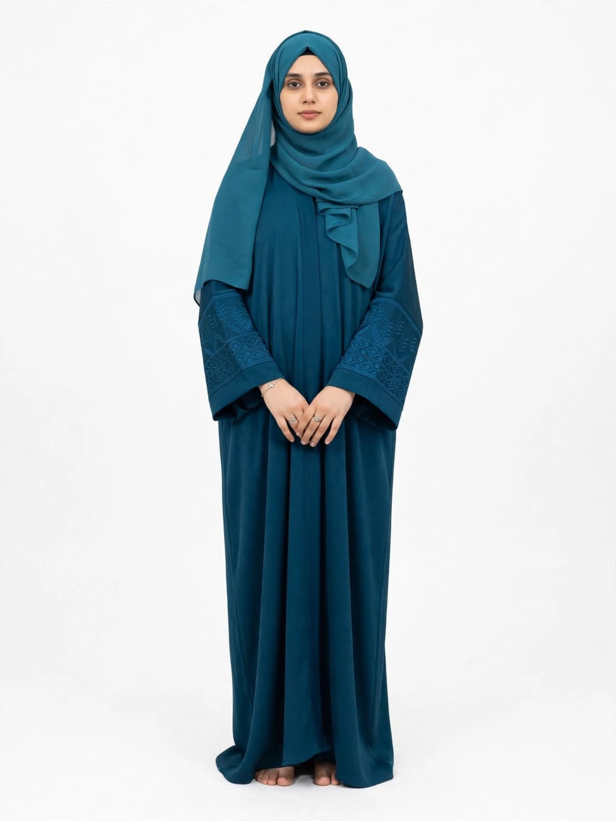 Teal Blue Heavy Embroidered Sleeve Abaya