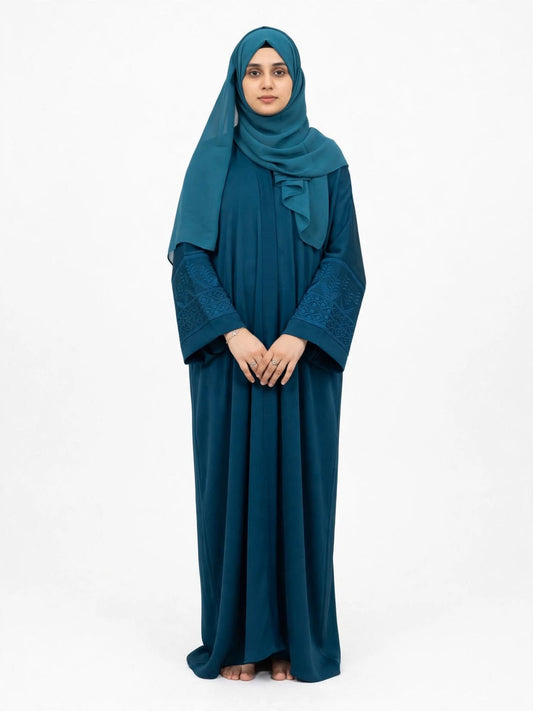 Teal Blue Heavy Embroidered Sleeve Abaya