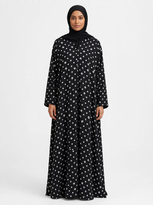 Black & White Floral Polka Dot Printed Abaya